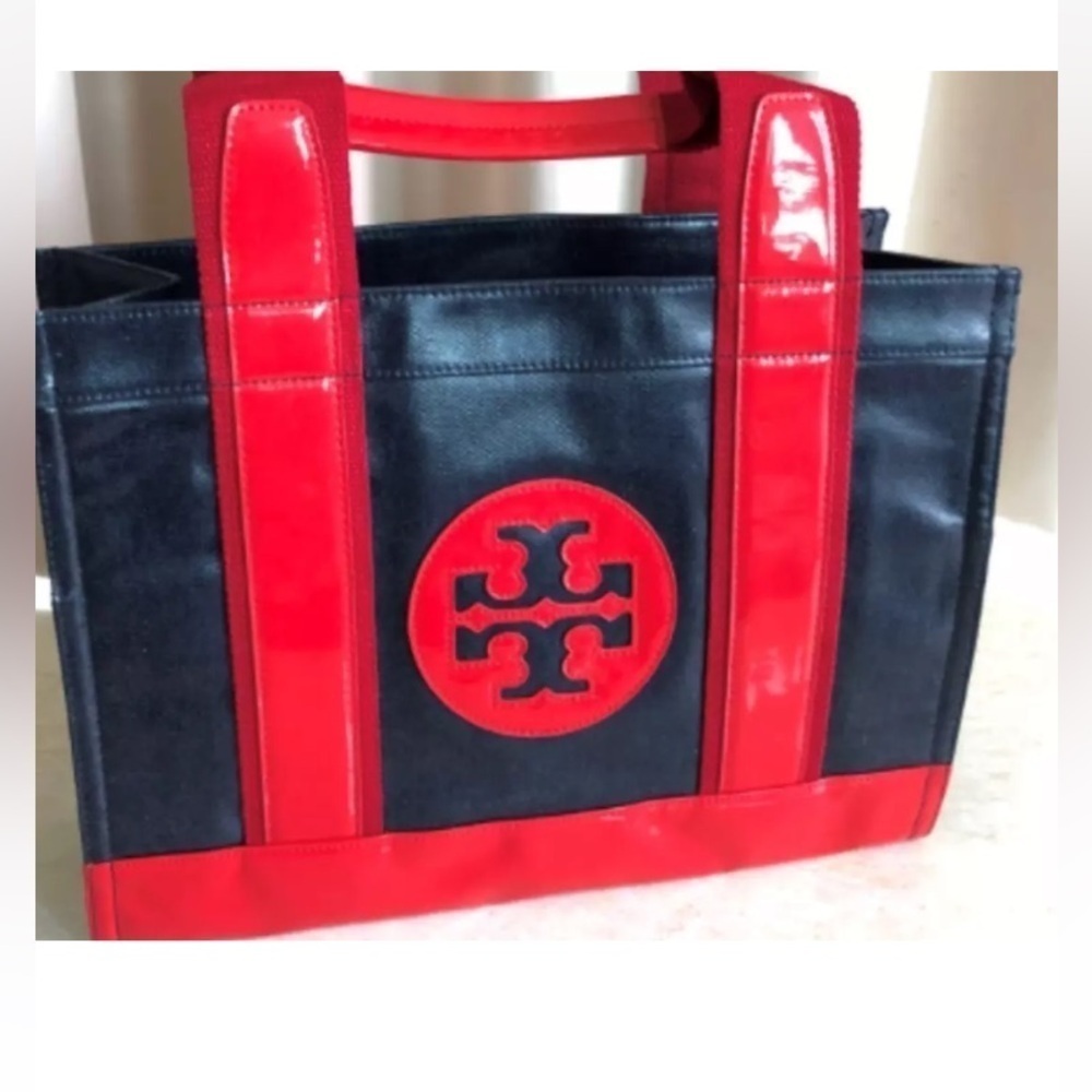 Tory Burch Large Purse Shoulder Bag Tote Black Red Logo Floral Lined Zip Pockets - Picture 1 of 8